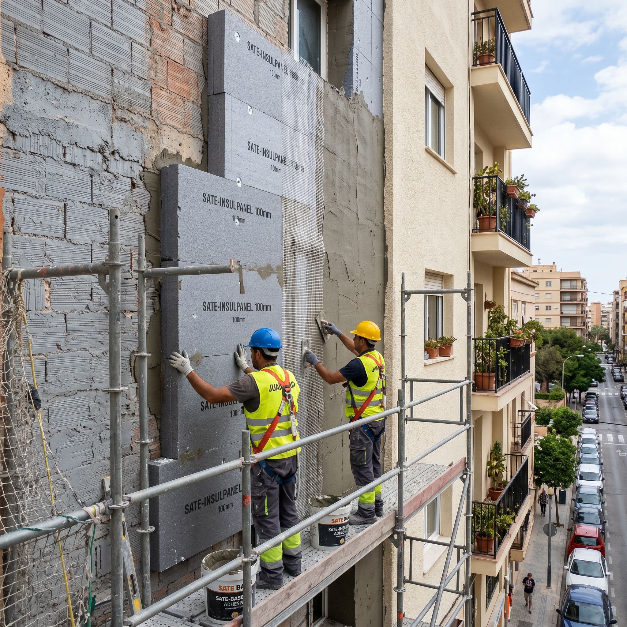 Sistema SATE de aislamiento térmico exterior con función impermeabilizante en fachada de edificio residencial