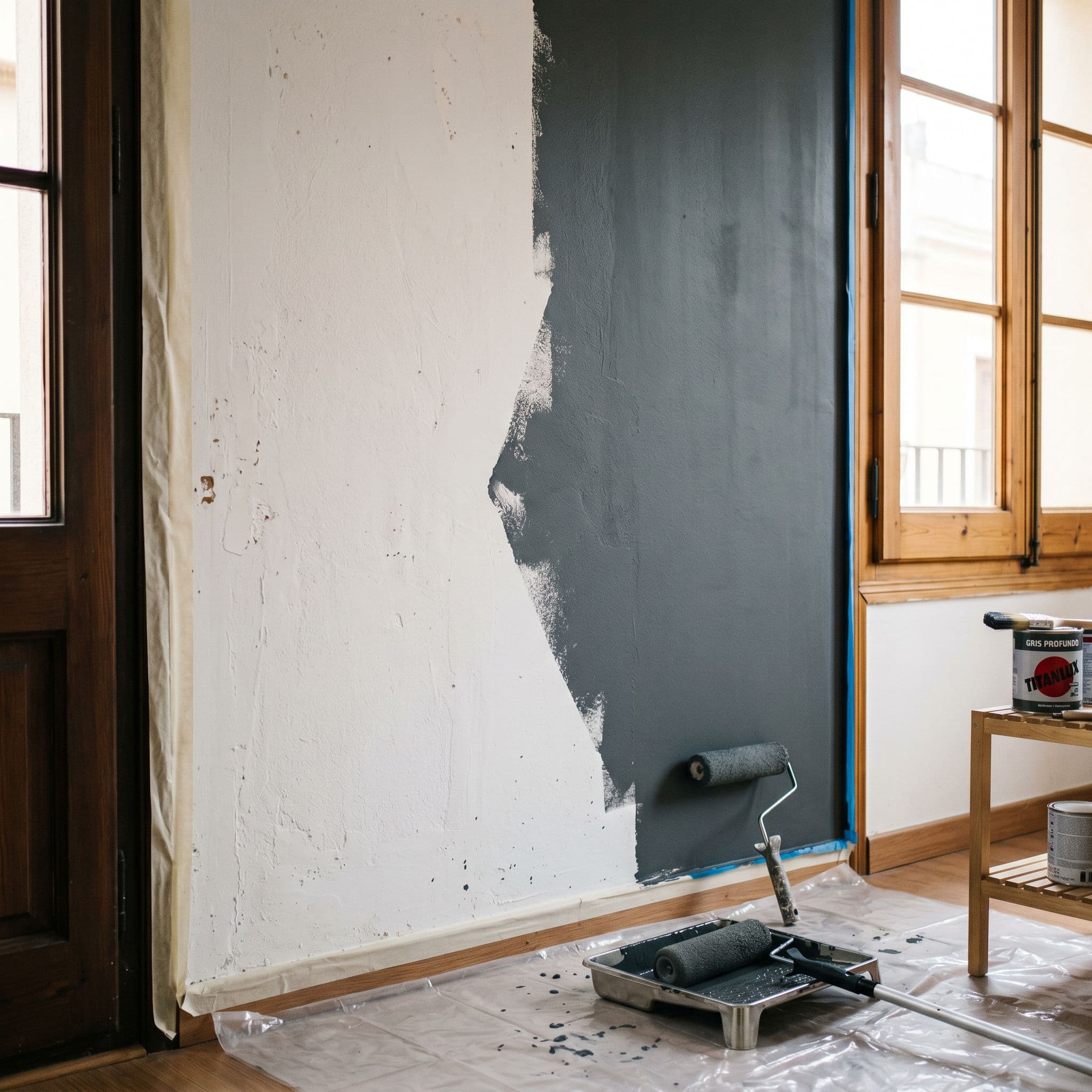 Tabique pladur vivienda española ya pintado renovación cambio color mitad nuevo gris oscuro
