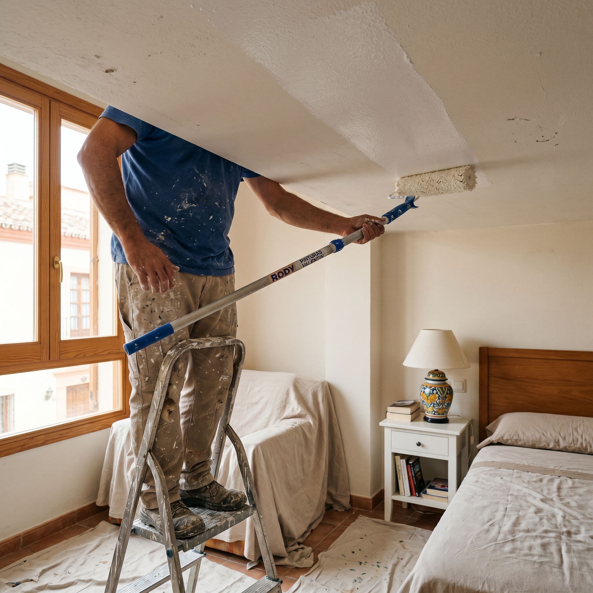 Techo vivienda española recién pintado rodillo pelo largo pértiga extensible mango ergonómico