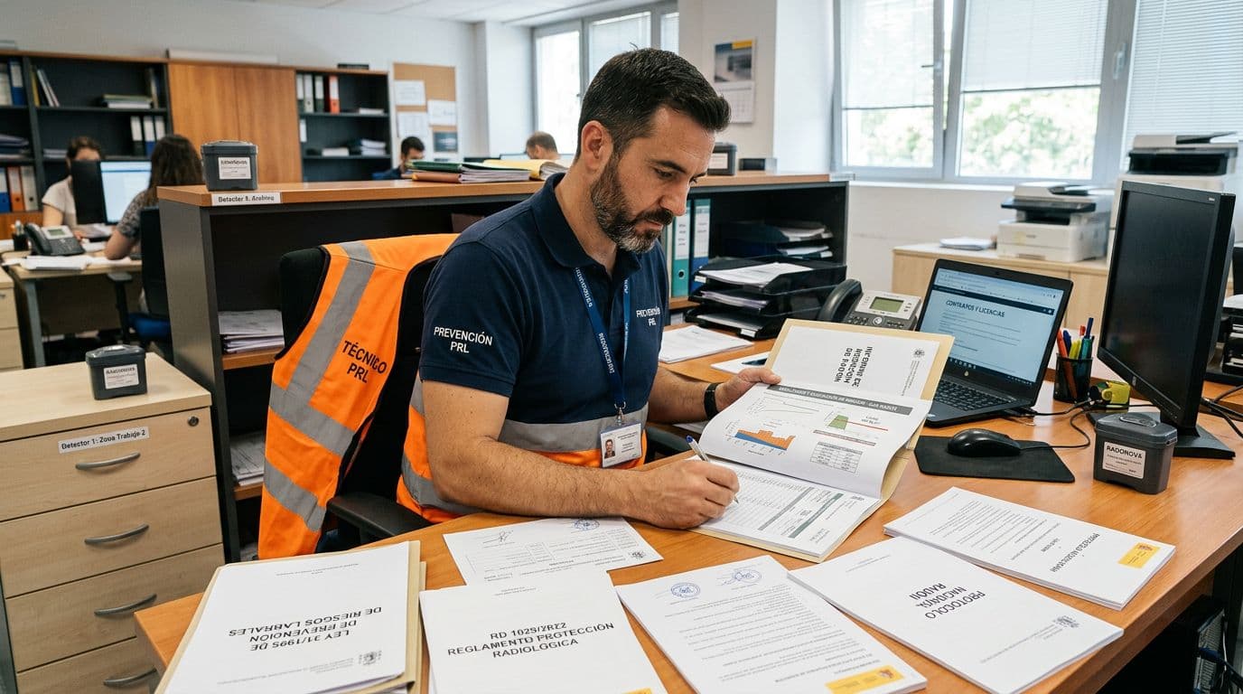 Técnico prevención riesgos laborales empresa española revisando informes medición gas radón cumplimiento RD 1029/2022 Instrucción IS-47 detectores pasivos certificados