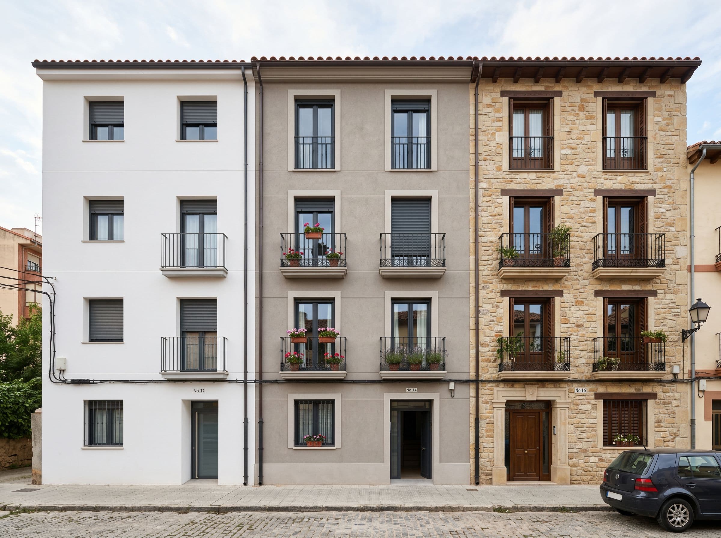 Tres fachadas edificios residenciales españoles comparativas niveles SATE básico