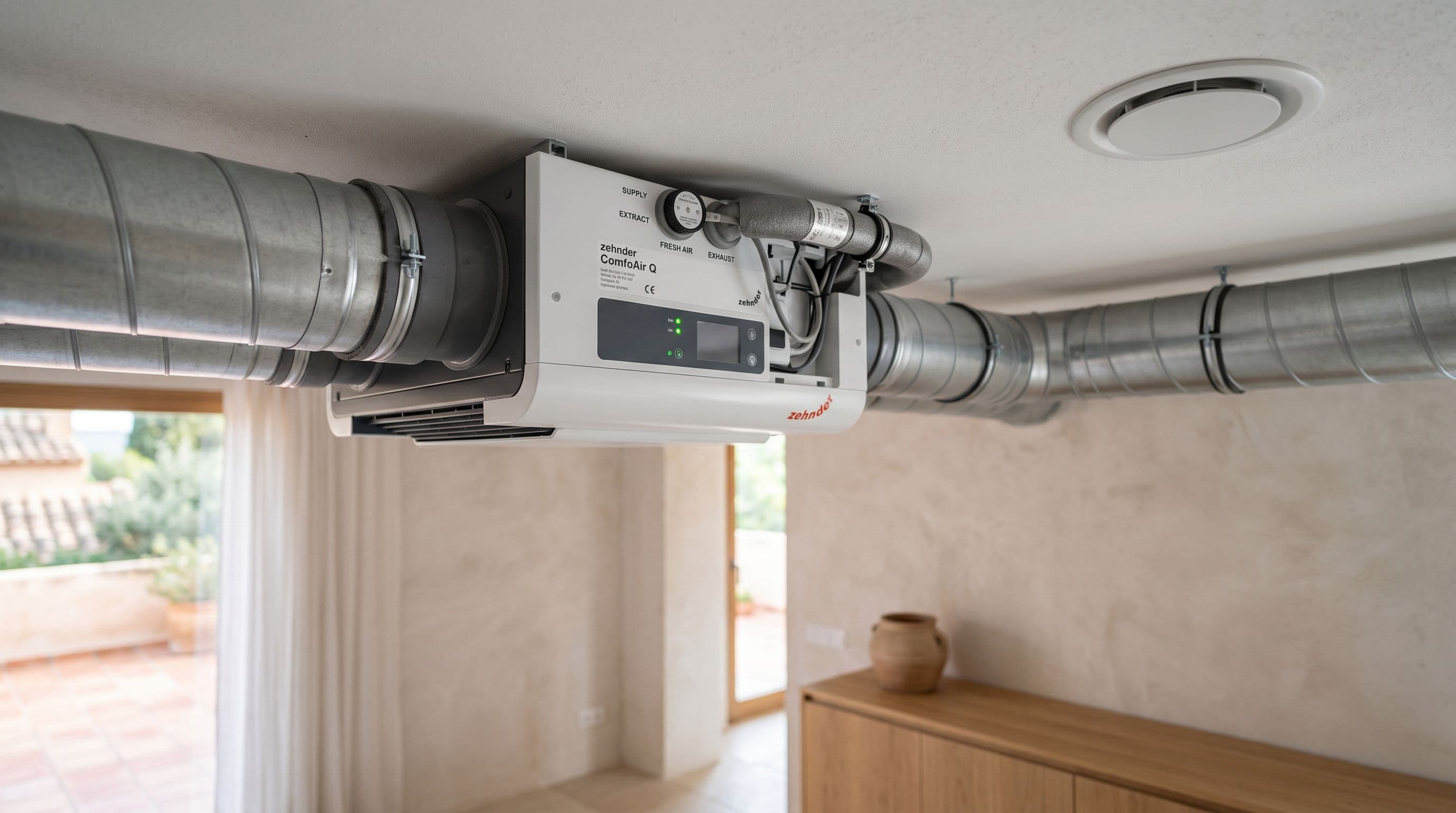 Unidad de ventilación mecánica controlada VMC doble flujo con recuperador de calor instalada en vivienda moderna española