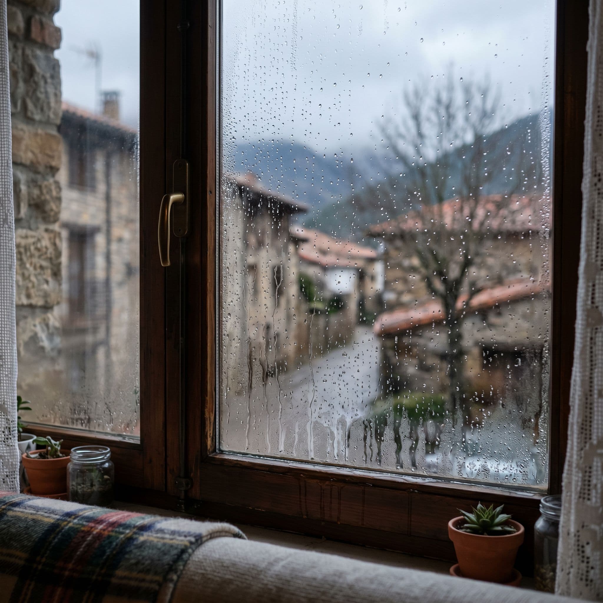 Vaho y gotas de condensación en cristal de ventana interior por aire caliente interior contactando con superficie fría en invierno
