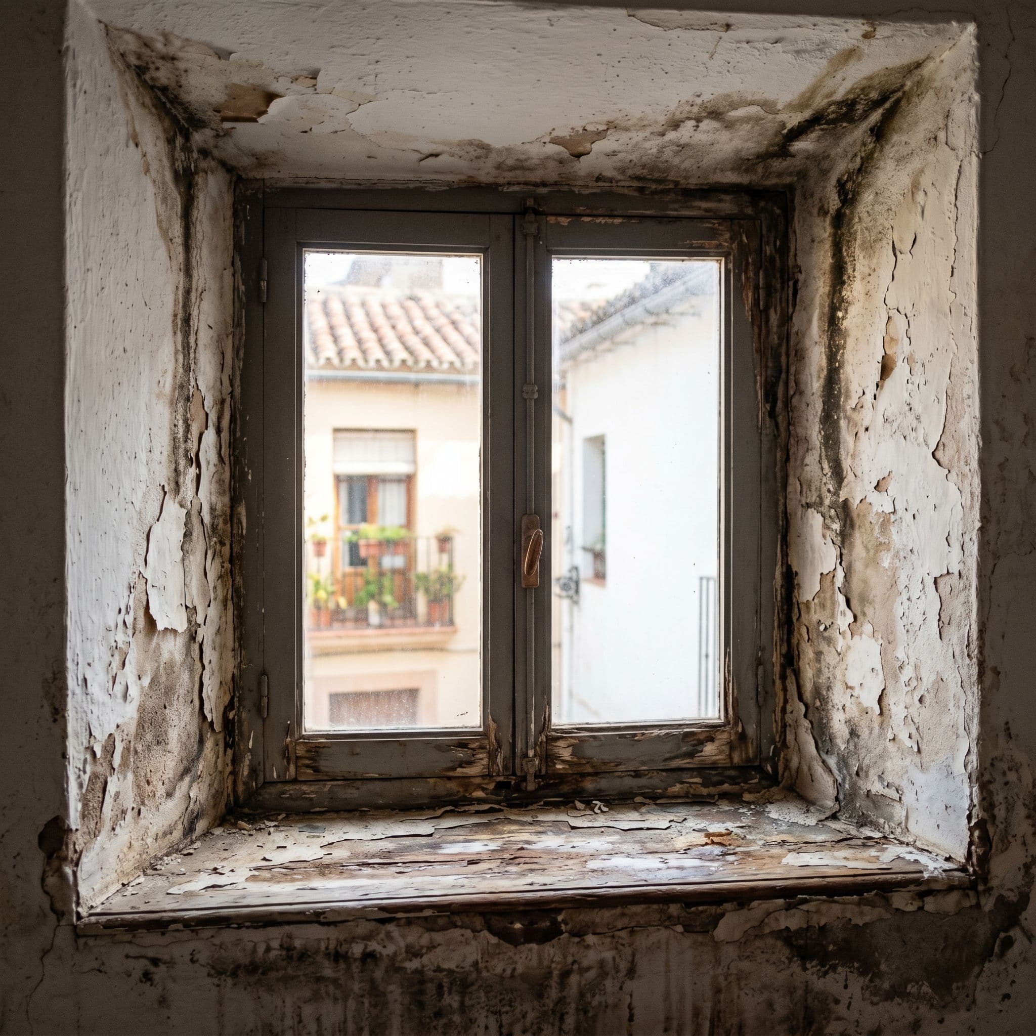 Ventana interior con filtración por carpintería con manchas alrededor del marco y deterioro del alféizar