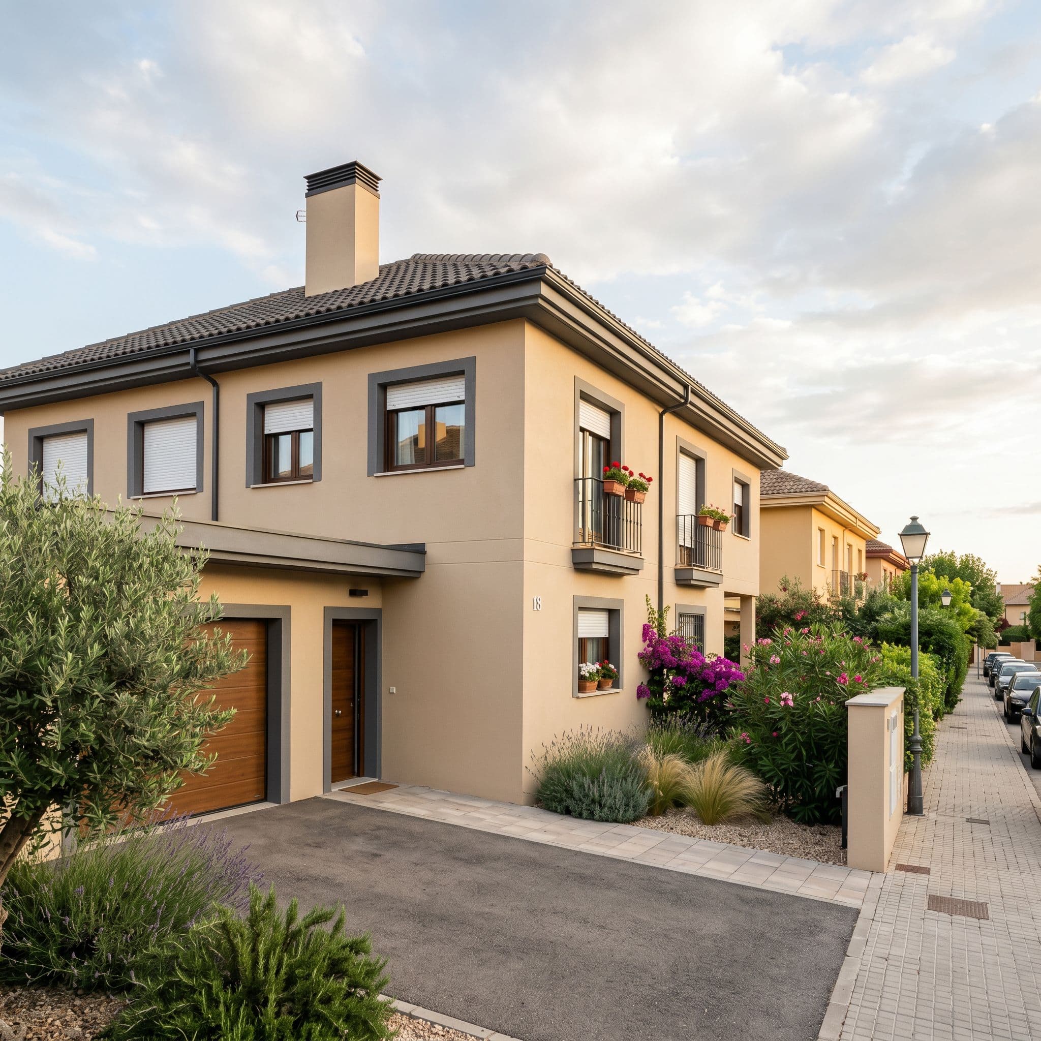 Vivienda unifamiliar adosada española de los años 90 tras instalación completada de SATE con acabado uniforme beige cálido