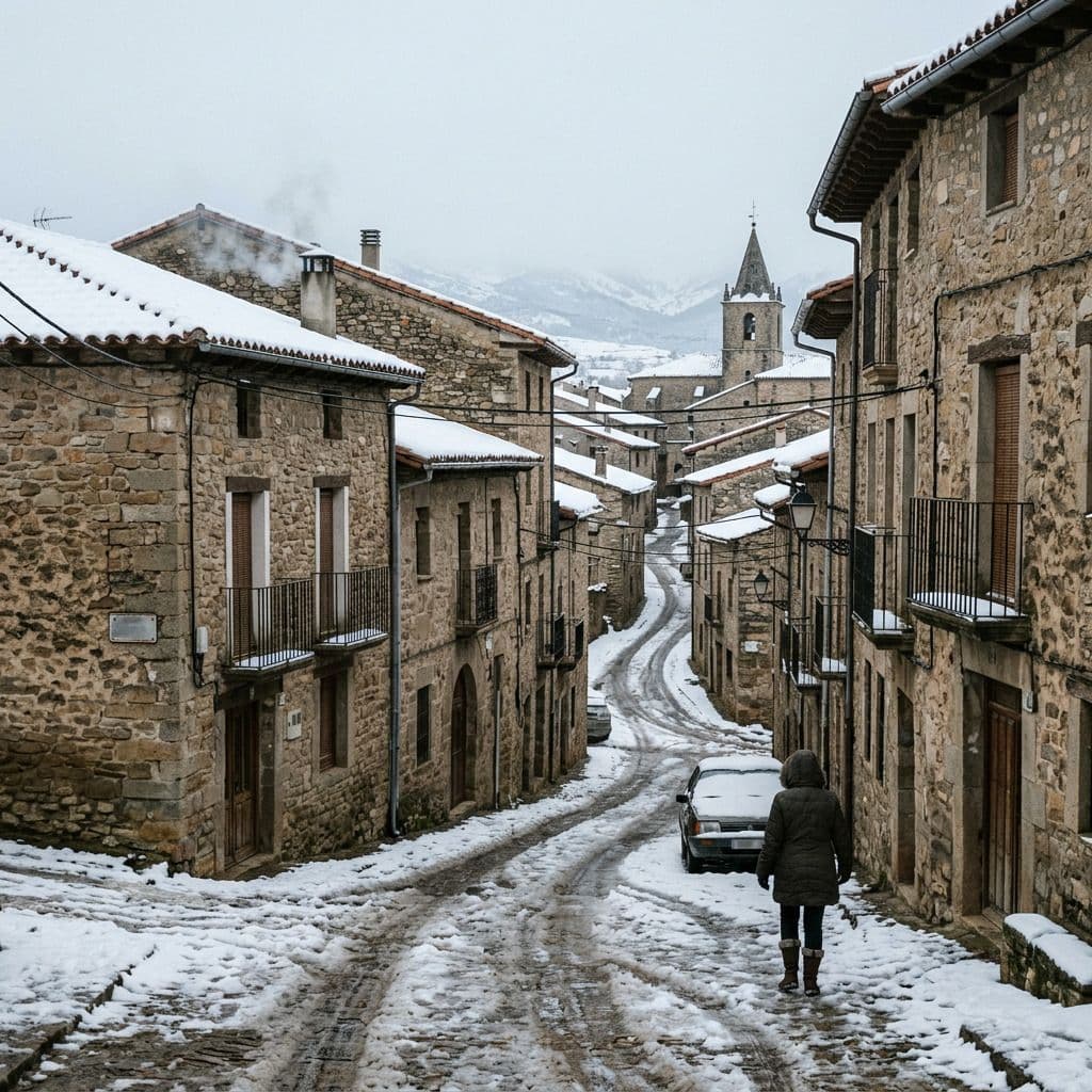 Localidad de montaña o interior frío de España con nieve, representativa de la zona climática E.